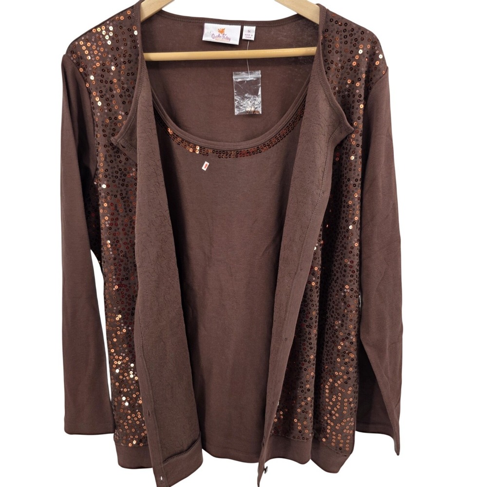 Quacker Factory Brown Sequined 2for1 Cardigan Shell Sweater Layered Look size 1X - Picture 4 of 7